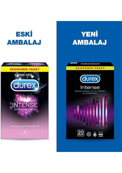 Intense 20'li Uyarıcı Jelli ve Tırtıklı Prezervatif Prezervatif + Durex Intense Uyarıcı Jel 10 ml