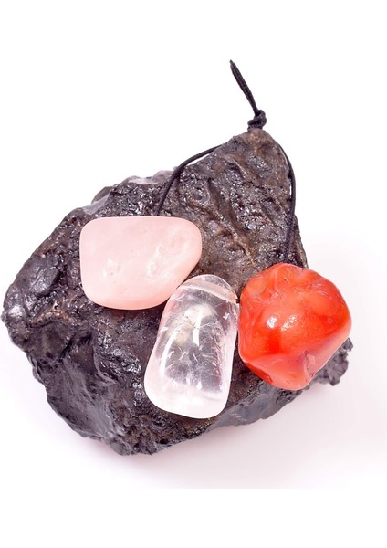 Üç Adet Delikli Doğal Taş / Pembe Kuvars - Kristal Kuvars - Akik
