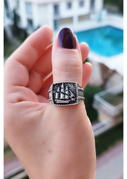 Yelkenli Şekilli Erkek Yüzük Gümüş Kaplama Ayarlanabilir El Yapımı Erkek Yüzük modelleri