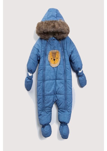 Aslan Figürlü Soft Kumaş Çıkarılabilir Eldiven ve Patikli Kapüşonlu Bebek Kozmonot Tulum