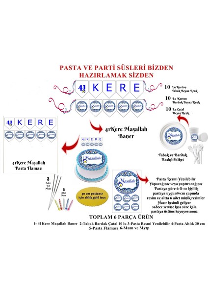 Pasta Resmi ve Parti Seti 41 Kere Maşallah Temalı 10 Kişilik