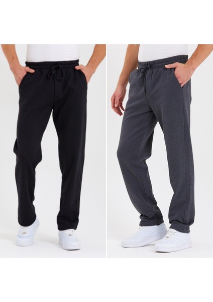 Siyah-Antrasit Arka Cepli Etiket Detaylı Düz Paça Erkek Içi Pamuklu 2'li Eşofman Altı