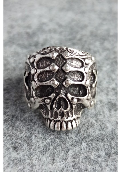 Miğferli Kuru Kafa Şekilli Erkek Yüzük Gümüş Kaplama Ayarlanabilir El Yapımı Erkek Yüzük