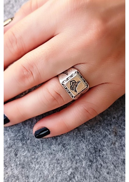 Osmanlı Tuğrası Şekilli Kadın & Erkek Yüzük Gümüş Kaplama Ayarlanabilir El Yapımı Yüzük