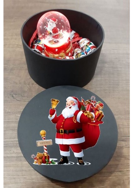 Özel Baskılı Yuvarlak Kutuda Işıklı Kar Küresi ve Noel Baba Çikolataları