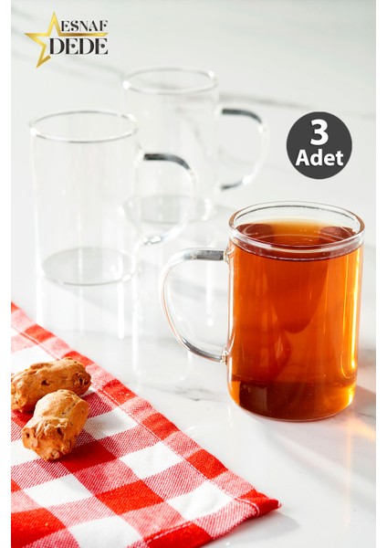 Cam Bardak Kupa Seti Ince Borosilikat Isıya Ateşe Dayanıklı Çay Kahve Bardağı Kulplu Fincan 3 Adet