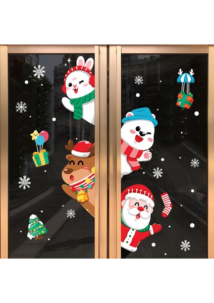 Yılbaşı Sticker Karikatür Noel Baba Elk Tavşan Kar Tanesi Tekrarlanabilir Sticker Cam Pencere Yılbaşı Dekorları Hediyesi (Yurt Dışından)