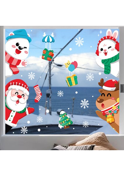 Yılbaşı Sticker Karikatür Noel Baba Elk Tavşan Kar Tanesi Tekrarlanabilir Sticker Cam Pencere Yılbaşı Dekorları Hediyesi (Yurt Dışından)