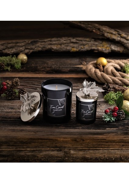 Dekoratif Gümüş Yaprak Tepelikli Siyah Bardak 2'li Mum Seti
