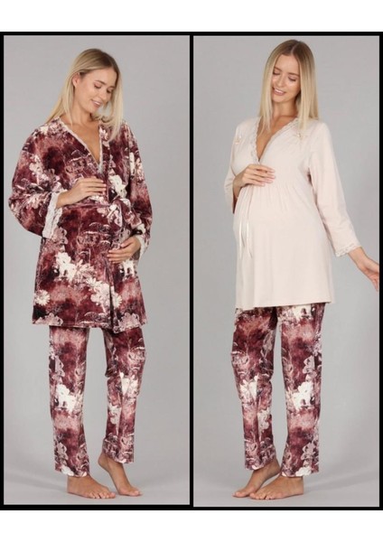 5301 Bej Kadife Lohusa 3 Lü Pijama Sabahlık Tk.