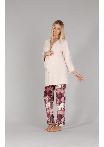 5301 Bej Kadife Lohusa 3 Lü Pijama Sabahlık Tk. fiyatları