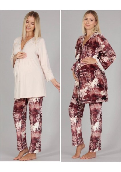 5301 Bej Kadife Lohusa 3 Lü Pijama Sabahlık Tk. modelleri