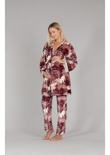 5301 Bej Kadife Lohusa 3 Lü Pijama Sabahlık Tk. fırsatları