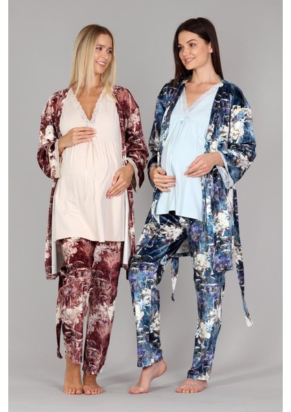 5301 Bej Kadife Lohusa 3 Lü Pijama Sabahlık Tk. indirimleri