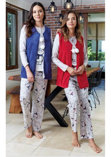 4612 Kırmızı Yelekli Spor Hamile Lohusa 3 Lü Pijama Yelek Takım