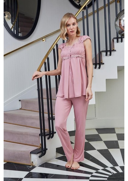 4520 Gülkurusu Hamile Lohusa Dantelli Lohusa Pijama Takımı
