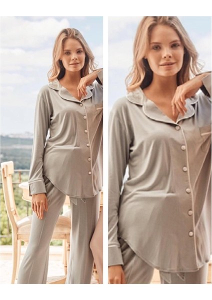 5126 Gri Noktalı Önden Düğmeli Lohusa Pijama Tk fırsatları