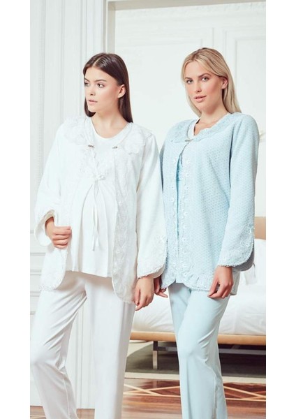 4805 Ecru Weksoft Sabahlıklı 3 Lü Hamile Lohusa Pijama Tk