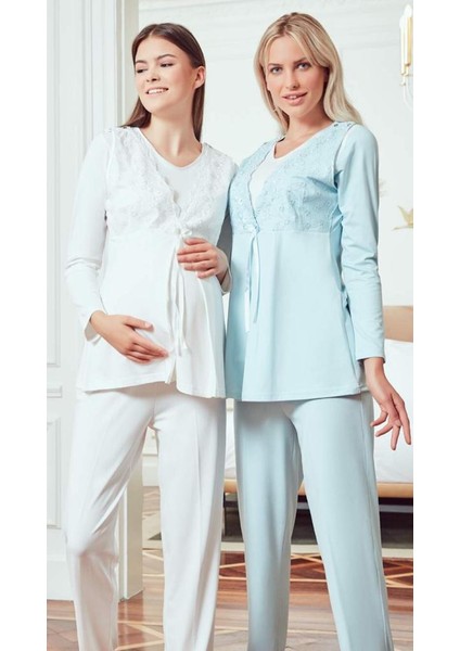4805 Ecru Weksoft Sabahlıklı 3 Lü Hamile Lohusa Pijama Tk