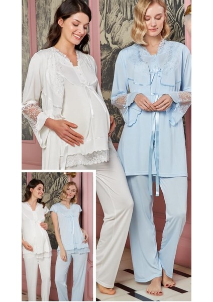 4703 Ecru Hamile Lohusa 3 Lü Pijama Sabahlık Takımı