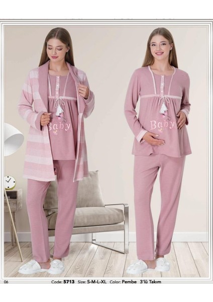 Pijama 5713 Pembe Kalın Sabahlıklı 3lü Hamile Lohusa Pijama Sabahlık Tk