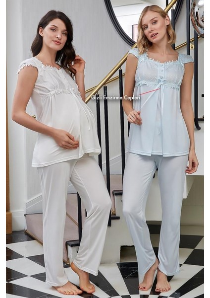 4520 Ecru Hamile Lohusa Dantelli Lohusa Pijama Takımı fiyatları