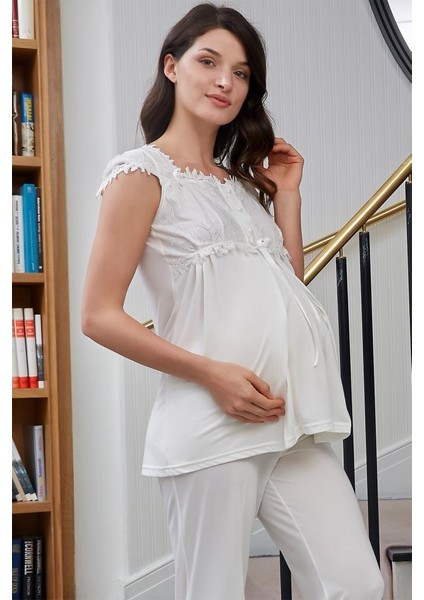 4520 Ecru Hamile Lohusa Dantelli Lohusa Pijama Takımı modelleri