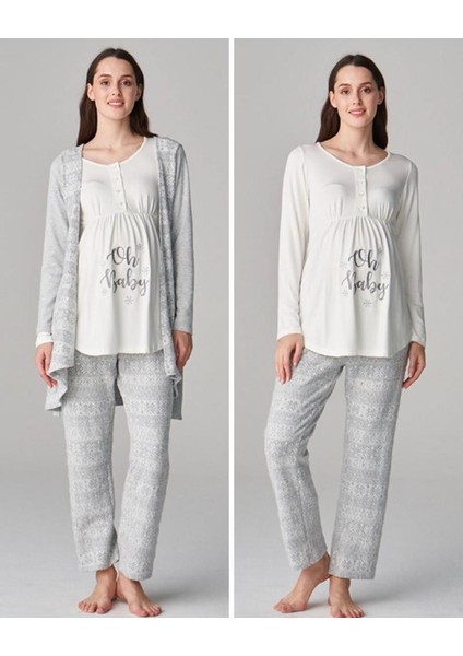 Pijama 4657 Gri 3lü Hamile Lohusa Pijama Sabahlık Tk