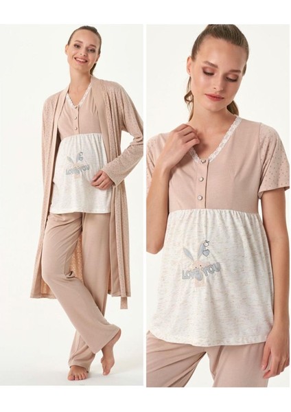 4481 Sütlü Kahve Hamile Lohusa Spor 3 Lü Pijama Takımı