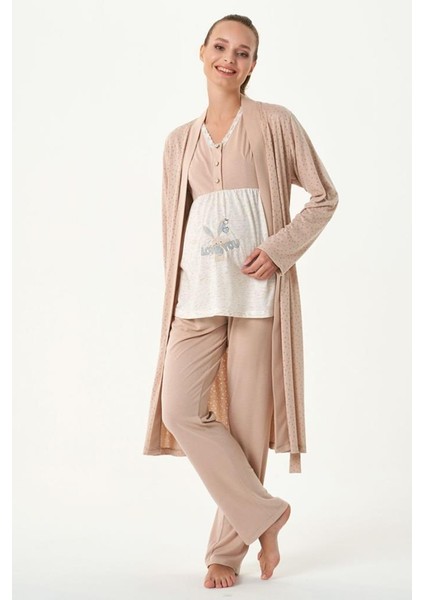 4481 Sütlü Kahve Hamile Lohusa Spor 3 Lü Pijama Takımı