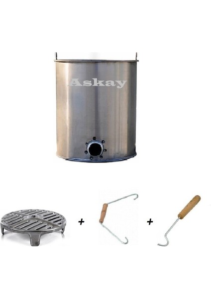 Soba Kovası Tabanı Düz Önden Delikli + Ayaklı Izgara + Çengel + Tutacak (Yandan Delikli Kova)