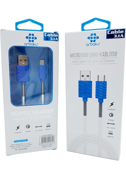 Micro 3.1A Mavi Yaylı USB Şarj Kablosu Arbaks ARB039