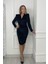 G0426 Drape ve Vatka Detaylı Kadife Elbise Siyah 3