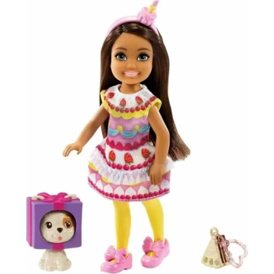 Barbie Kostümlü Chelsea ve Hayvancığı Oyun Setleri GHV69 - Esmer Doğum Günü Elbisesi
