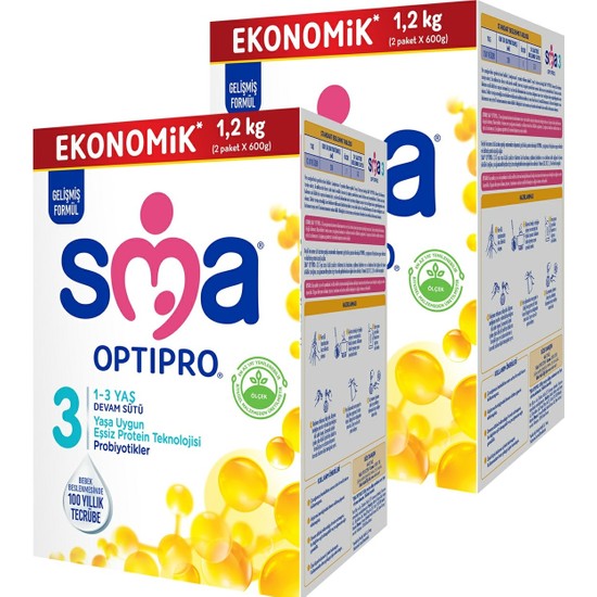 SMA Optipro 3 Toz Devam Sütü 2×1200 gr 1-3 Yaş Probiyotikli Eşsiz Protein Teknolojisi İsviçre