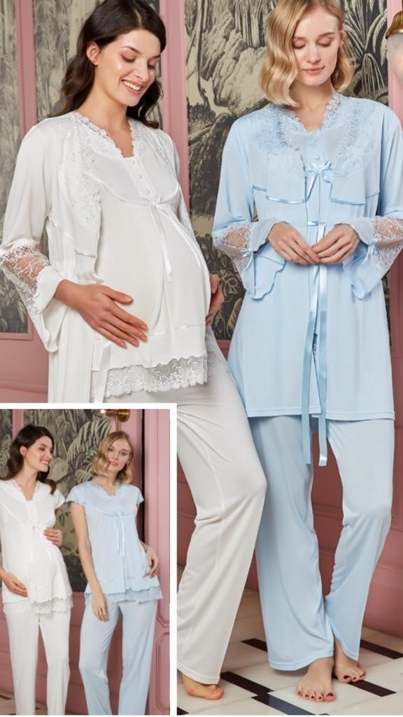 Bone Club 4703 Mavi Hamile Lohusa 3 Lü Pijama Sabahlık Takımı