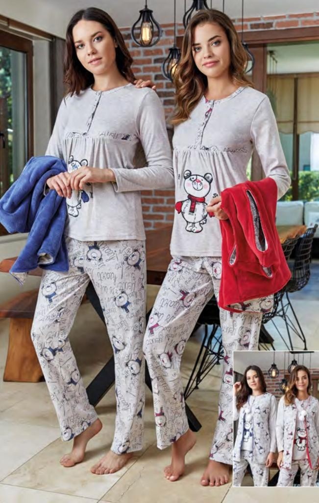 Bone Club 4612 Mavi Yelekli Spor Hamile Lohusa 3 Lü Pijama Yelek Takım görsel 2