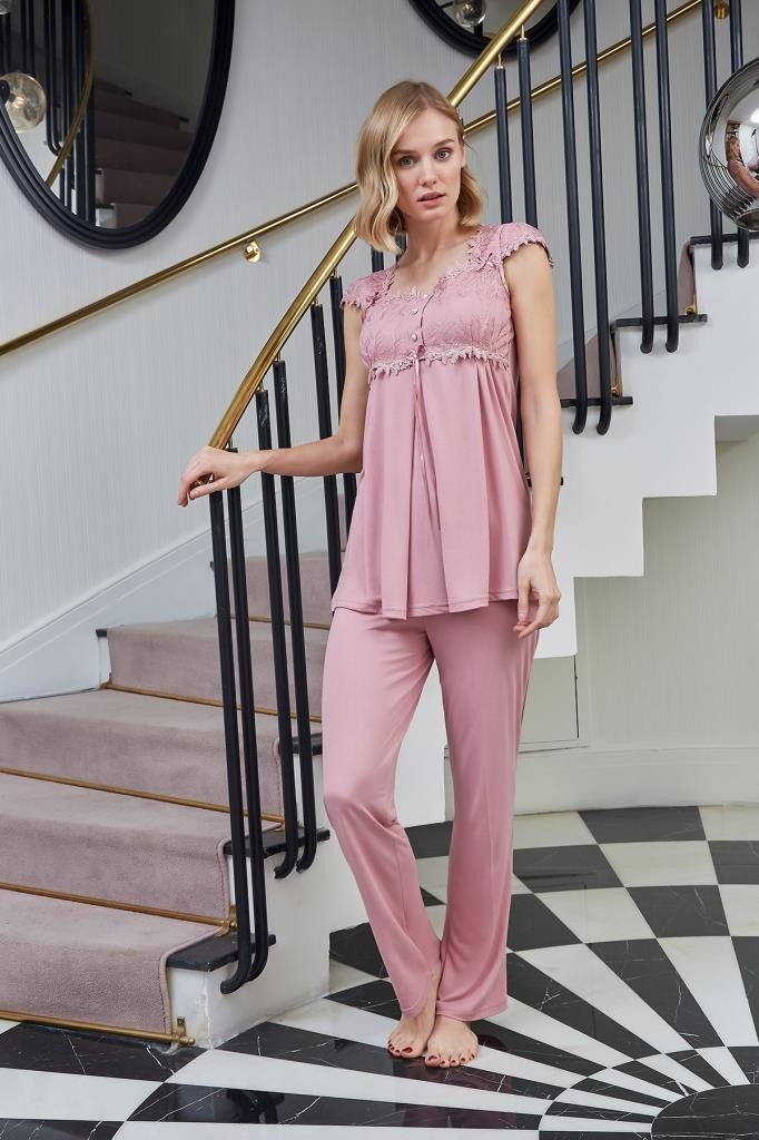 Bone Club 4520 Gülkurusu Hamile Lohusa Dantelli Lohusa Pijama Takımı görsel 3