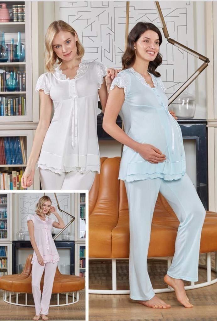 Bone Club 4703 Mavi Hamile Lohusa 3 Lü Pijama Sabahlık Takımı görsel 2