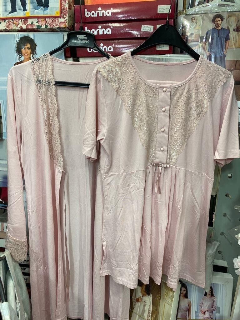Nehir 2036 Pudra Hamile Lohusa 3lü Pijama Sabahlık Takım görsel 2