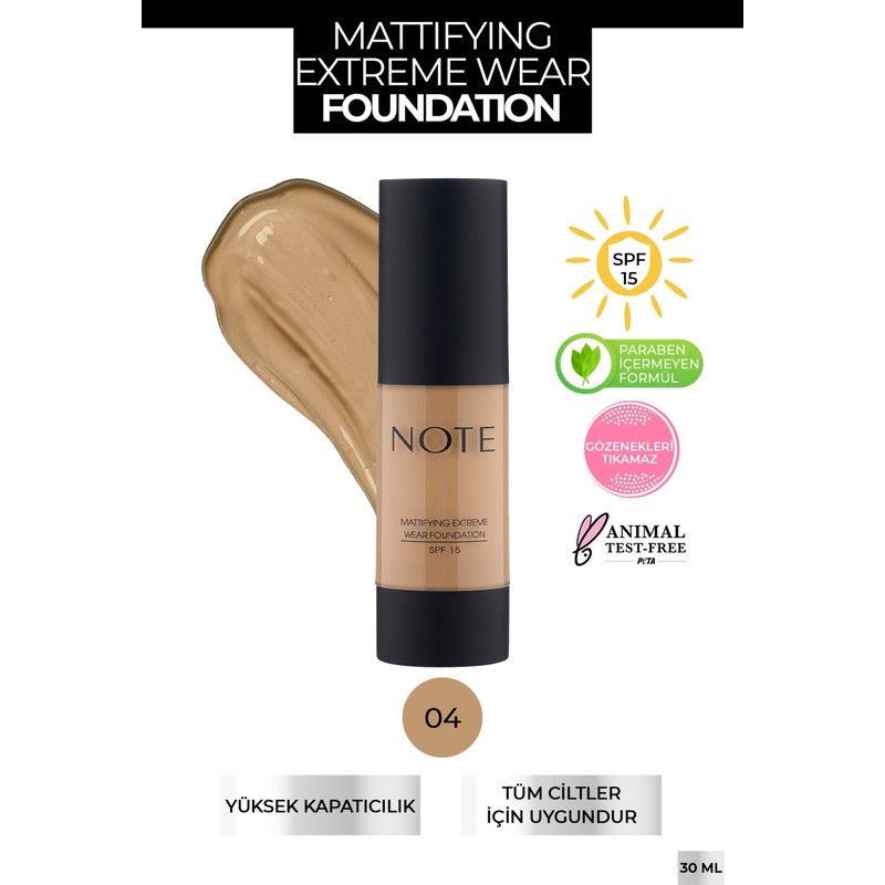 Note Cosmetics Mattifying Extreme Wear Spf 15 Yoğun Kapatıcı Mat Bitişli Fondöten - 04 Sand