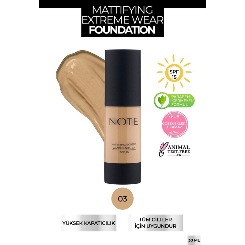 Note Cosmetics Mattifying Extreme Wear Fondöten 03 Medium Beige SPF 15 Yüksek Kapatıcılık ve Mat Bitiş