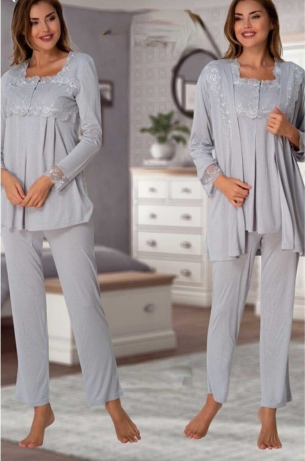 Effort Puerpera Effort Kadın Mavi Hamile Lohusa Sabahlık Pijama Takımı 2401 görsel 6