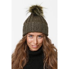 Emybox Taşlı Katlamalı Örgülü Bere Ponponlu Kadın Kışlık Renkli Örgü Şapka