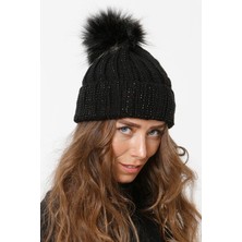 Emybox Taşlı Katlamalı Örgülü Bere Ponponlu Kadın Kışlık Renkli Örgü Şapka