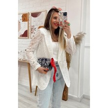 Cng Moda Kadın Güpürlü Ekru Blazer Yazlık Ceket Güpür
