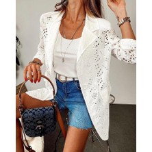 Cng Moda Kadın Güpürlü Ekru Blazer Yazlık Ceket Güpür