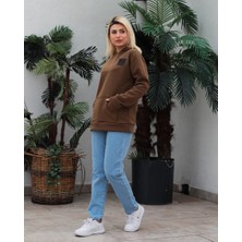 Awcıı Store Kadın Oversize Hayvan Figürlü Kahverengi Kapüşonlu Sweatshirt