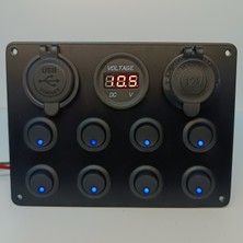 HT Marin Switch Panel 8'li Usb, Çakmaklık, Voltmetre, Mavi Işıklı Sigortalı