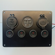 HT Marin Switch Panel 4'lu Usb, Çakmaklık Voltmetre, Mavi Işıklı Sigortalı